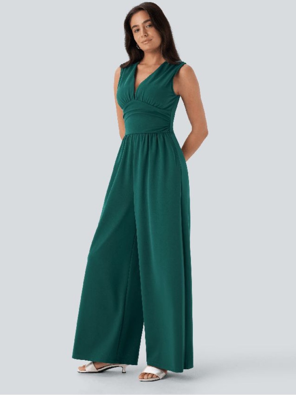 NWOT Halara V Neck Sleeveless Ruched Pocket Jumpsuit-Easy Peezy Bayberry
